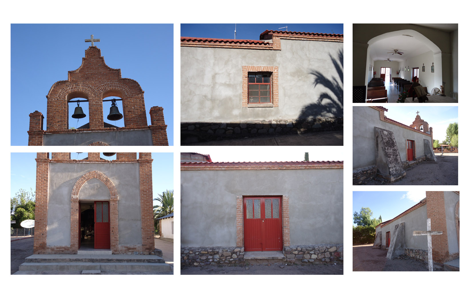 Detalles interiores, de vanos y espadaña en los paramentos.